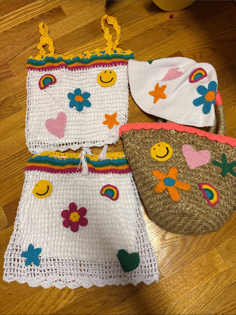 White Crochet Skirt & shirt with hat & bag